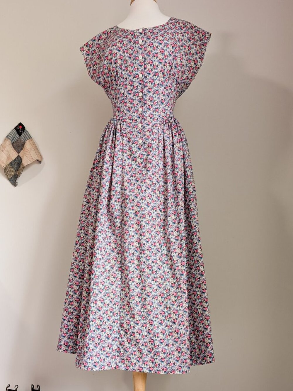 Vintage Floral Button Front Cinched Waist Cotton Midi Dress Size Small 80's - Picture 8 of 11